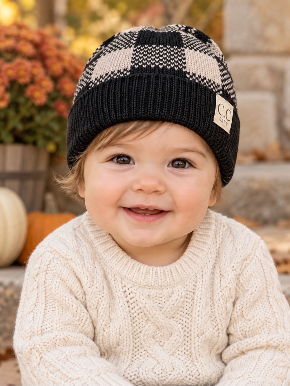 C.C Baby Buffalo Plaid Knit Beanie Hat Black Taupe New With Tags